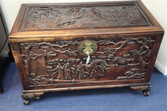 A Chinese carved hongmu chest, late 19th/early 20th century, W.3ft 6in. D.1ft 10in. H.2ft 3in.